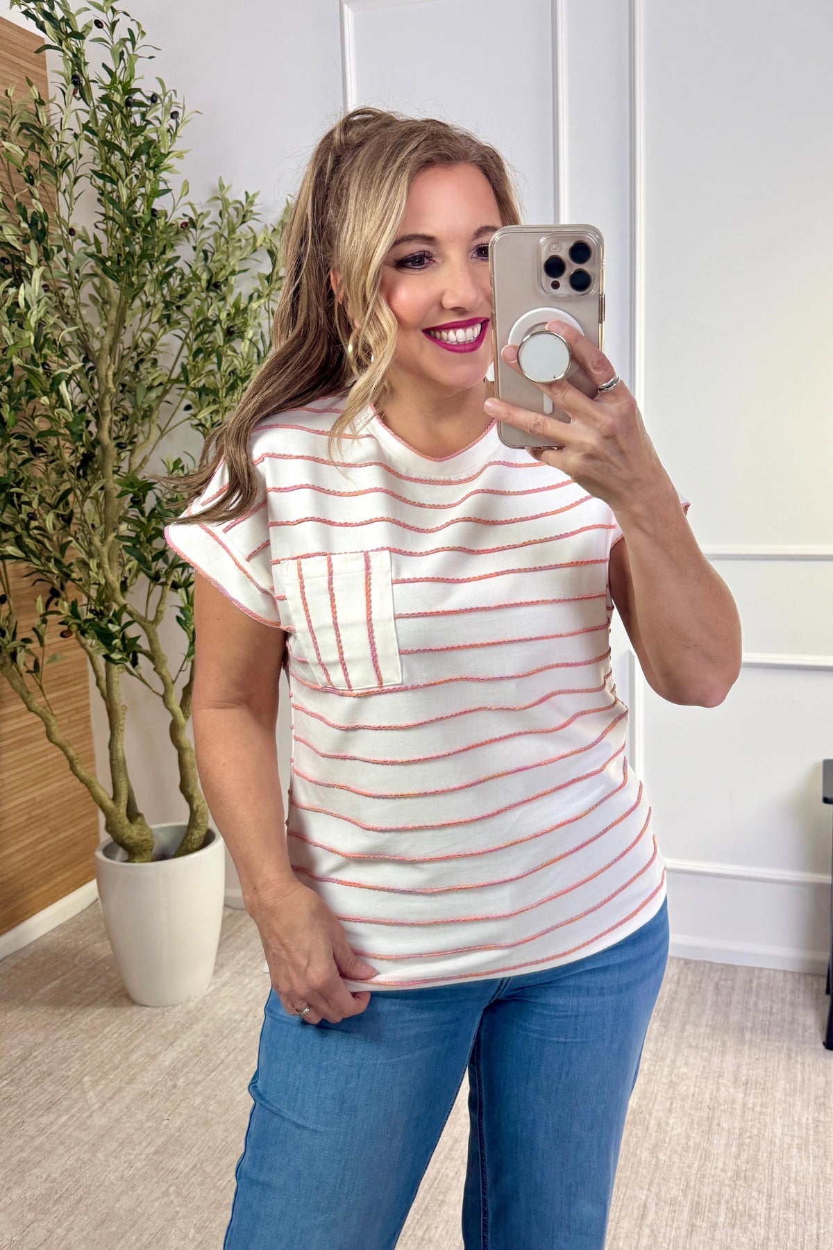 Melanie Short Sleeve Striped Top : Ivory/Peach