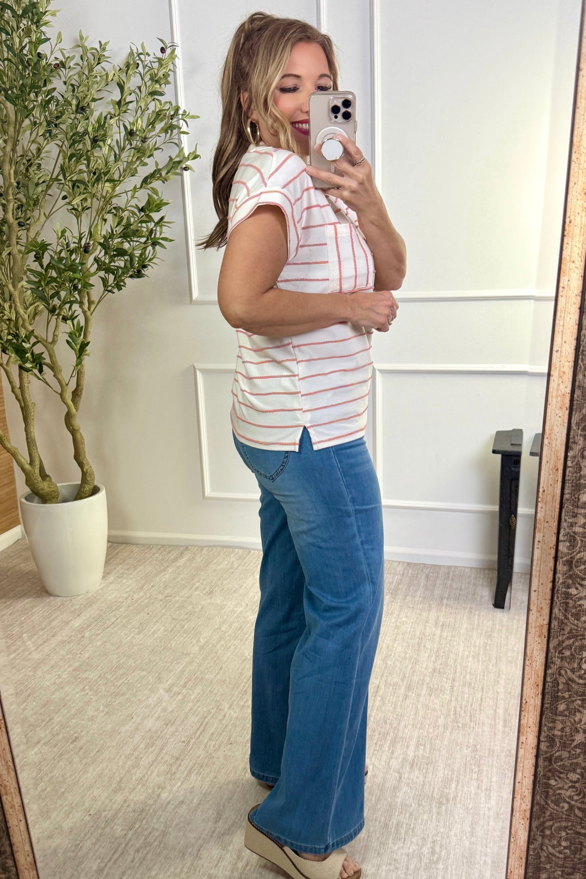 Melanie Short Sleeve Striped Top : Ivory/Peach