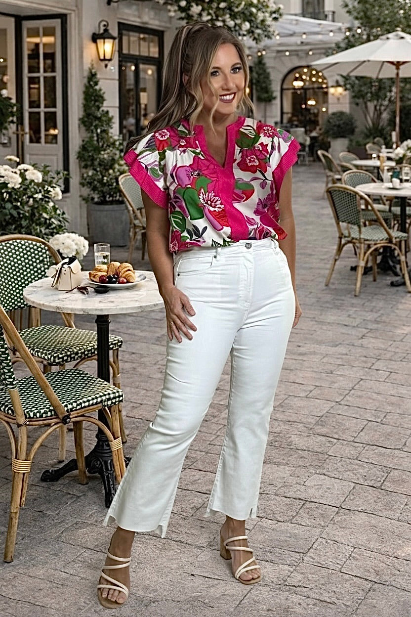 Analia Flutter Sleeve Floral Print V-Neck Top : Cream Multi