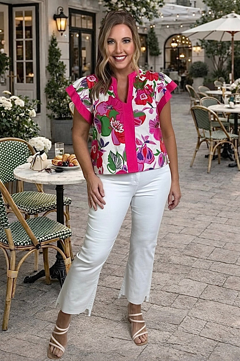 Analia Flutter Sleeve Floral Print V-Neck Top : Cream Multi