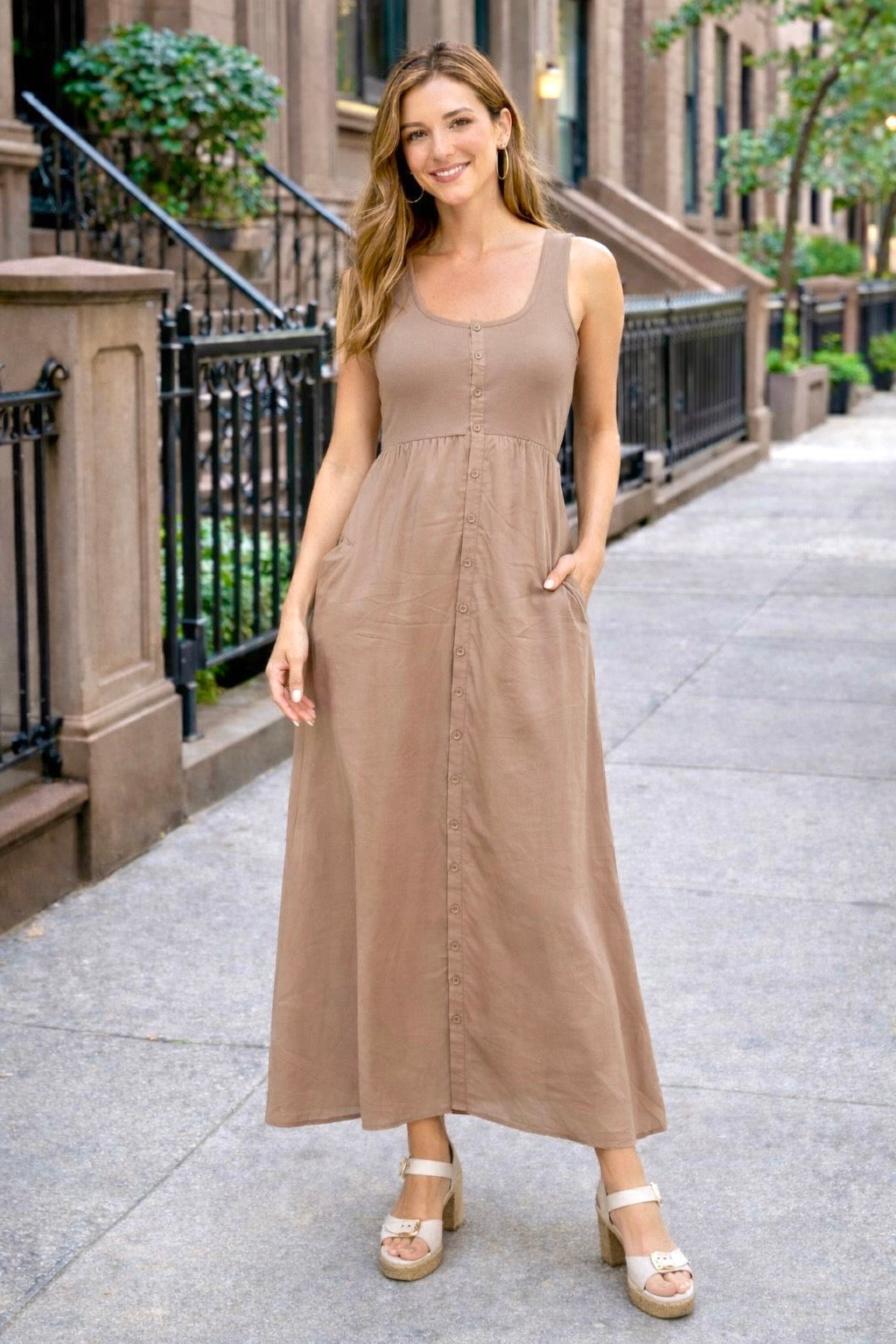 Tatum Knit Tank Button Up Midi Dress : Mocha