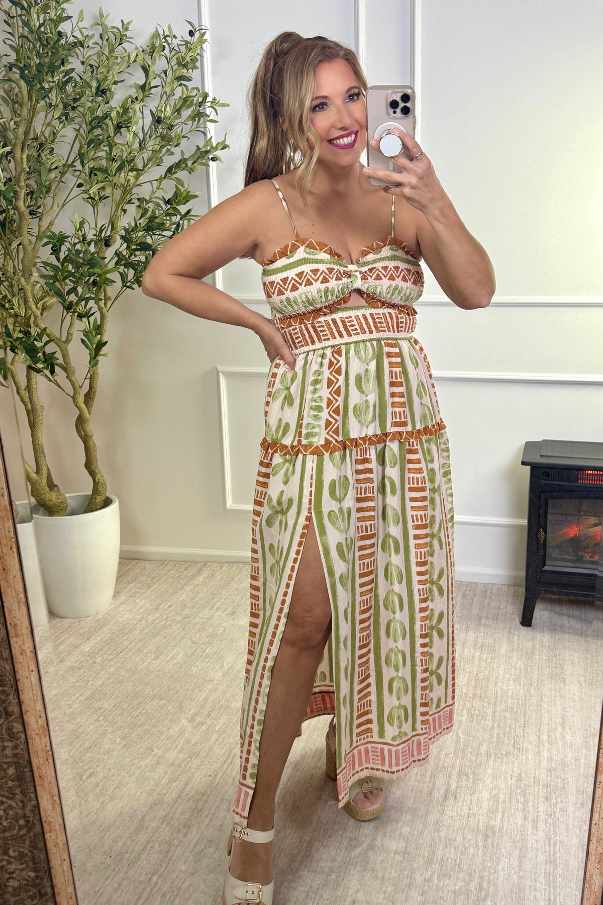 Kaylee Sleeveless Ruched Neckline Maxi Dress : Camel/Olive