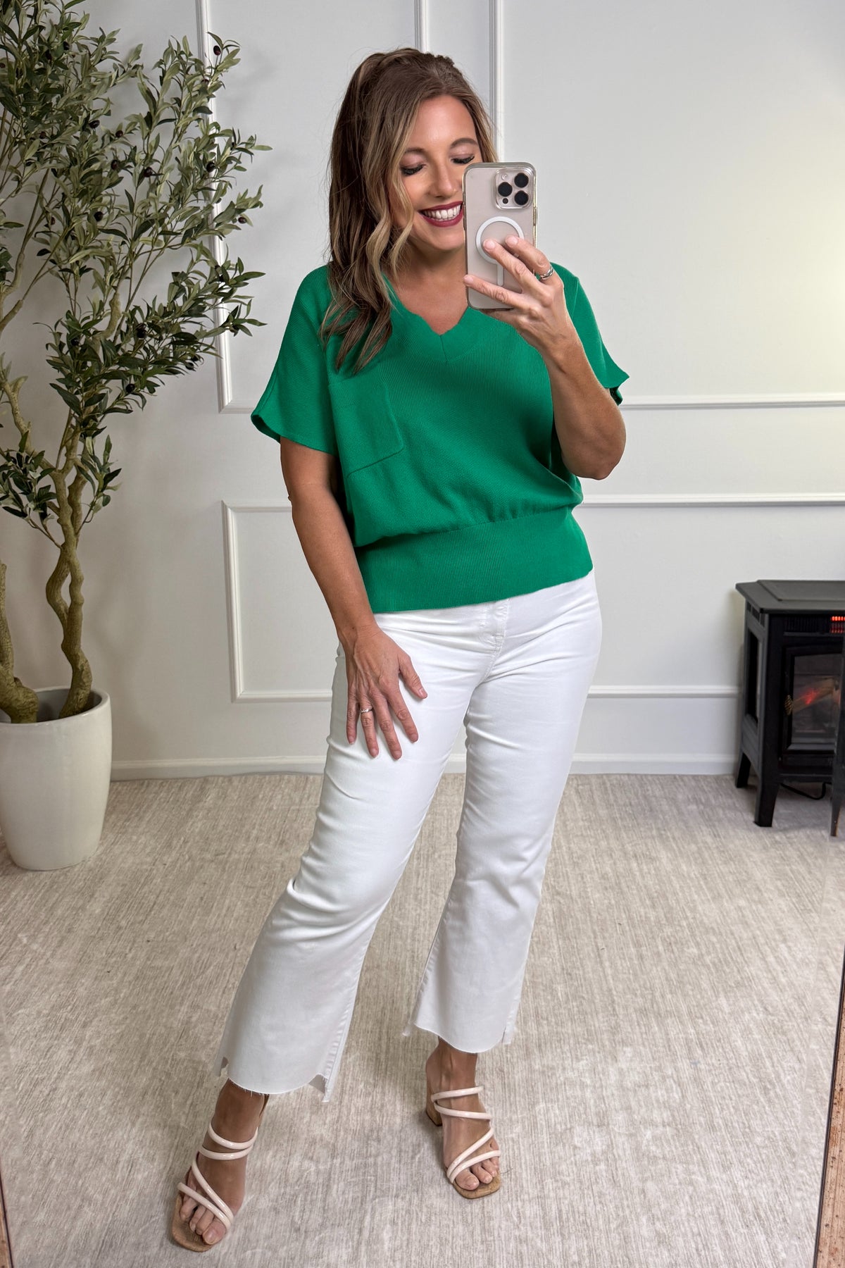 Luella V-Neck Pocket Short Sleeve Top : Green