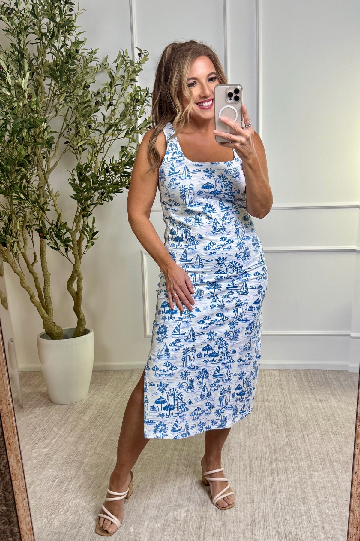 Tribal Valerie Sleeveless Square Neck Dress : White/Blue