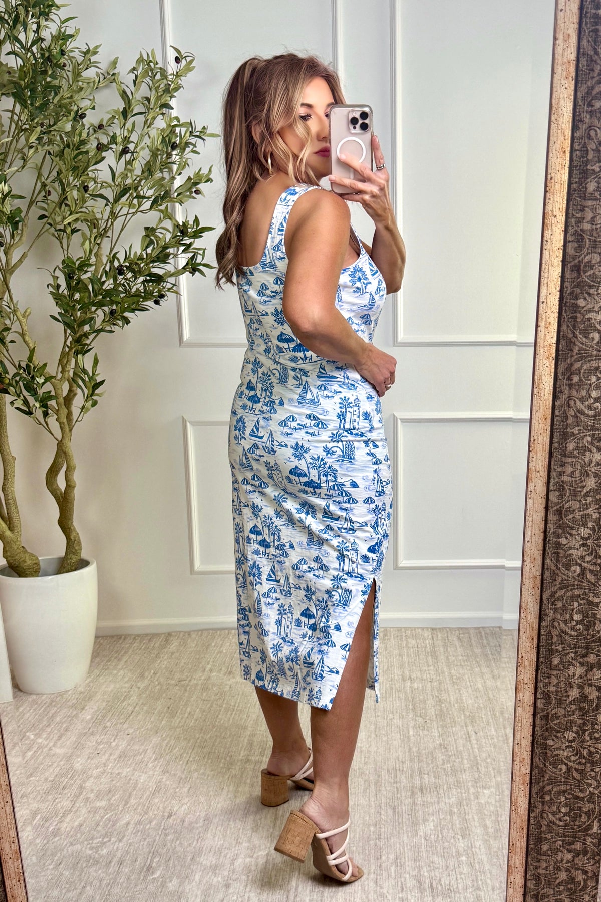 Tribal Valerie Sleeveless Square Neck Dress : White/Blue