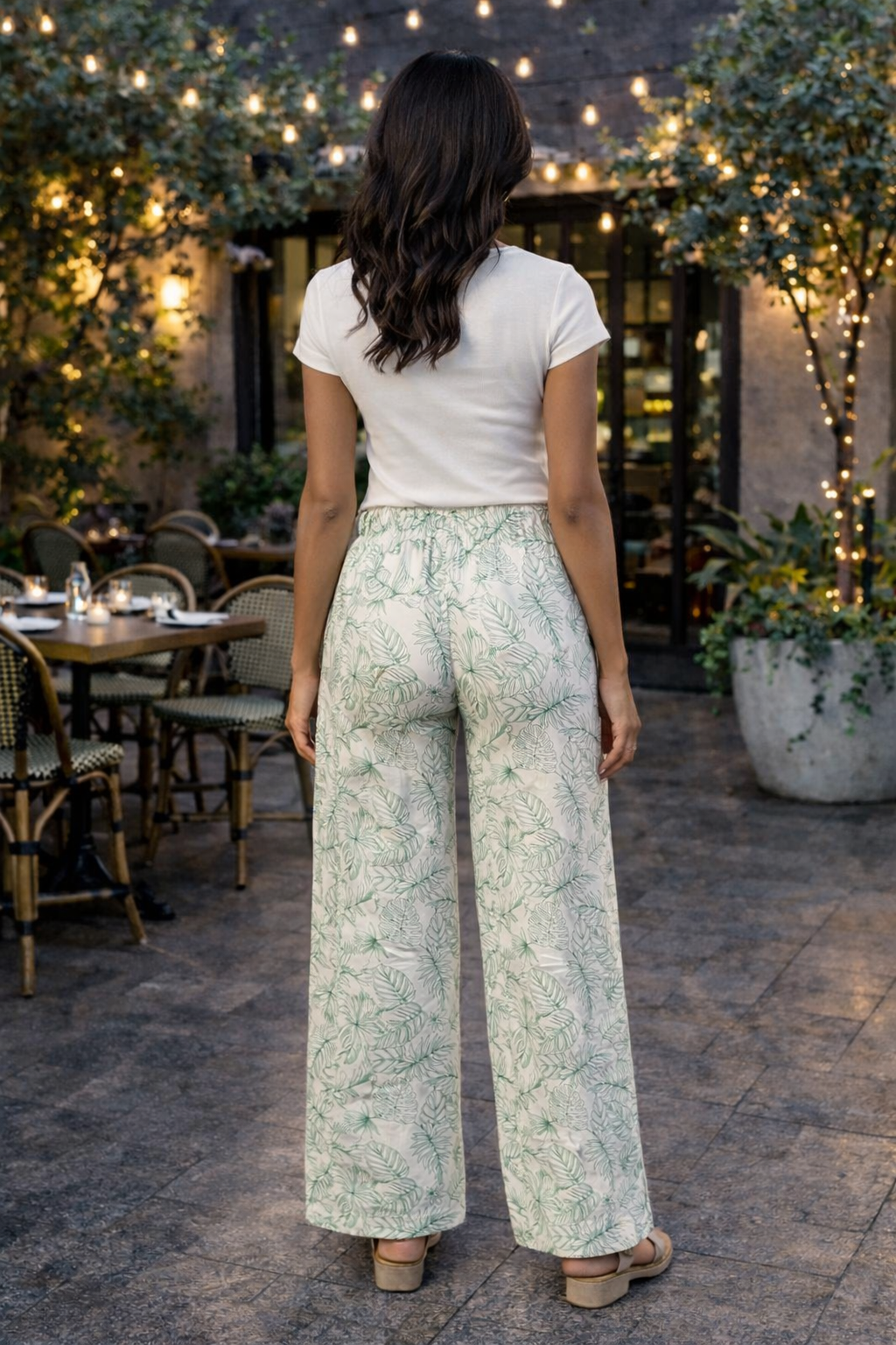 Lennon Smocked Tie Waist Wide Leg Pants : Ivory/Green