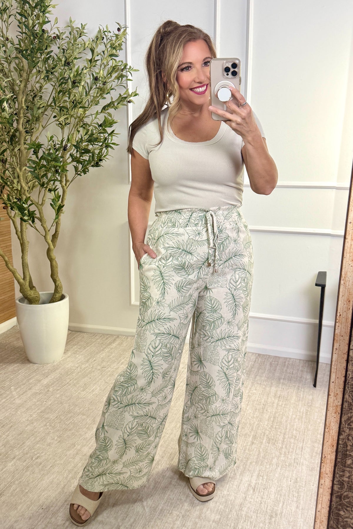 Lennon Smocked Tie Waist Wide Leg Pants : Ivory/Green
