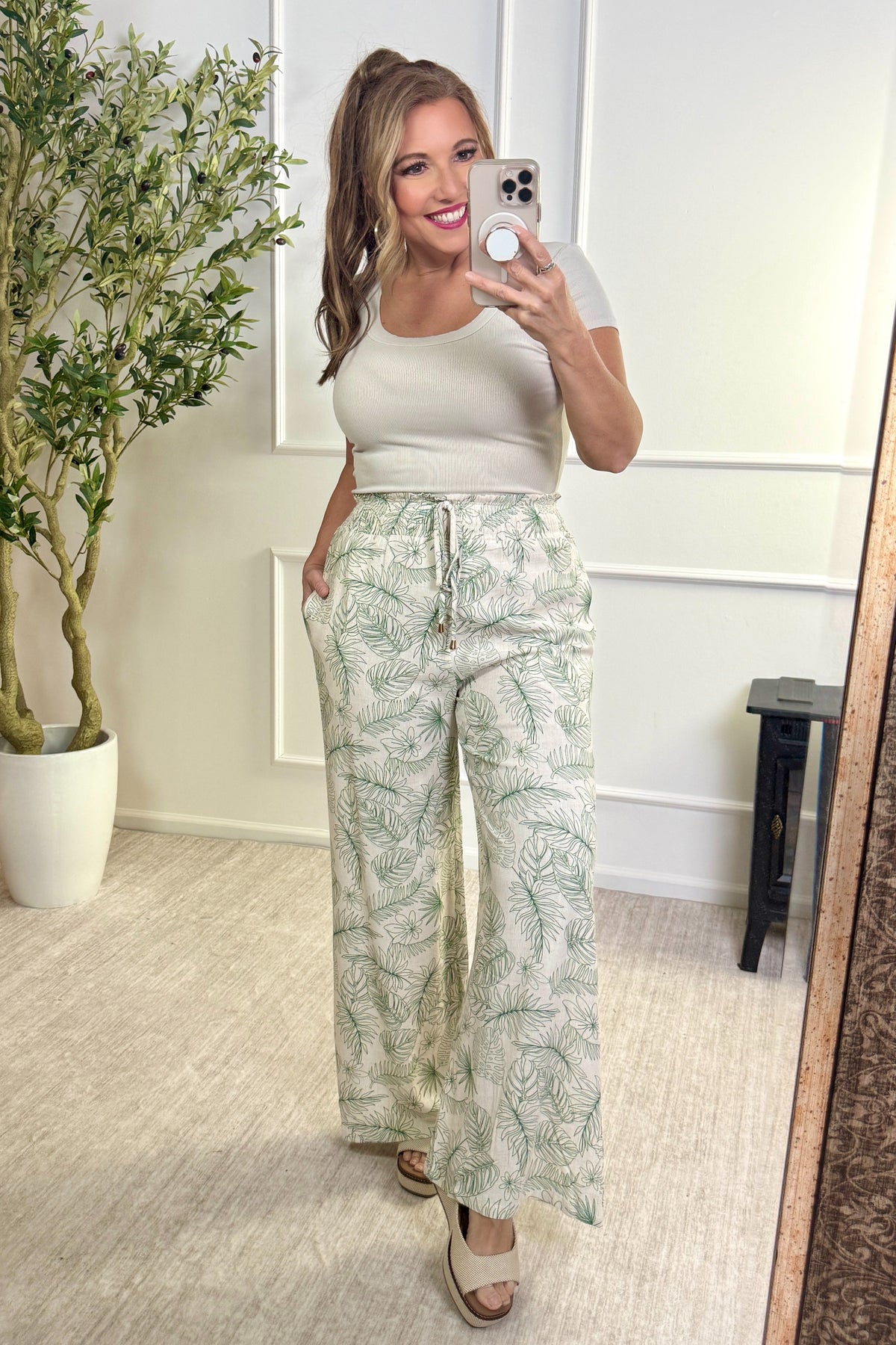 Lennon Smocked Tie Waist Wide Leg Pants : Ivory/Green