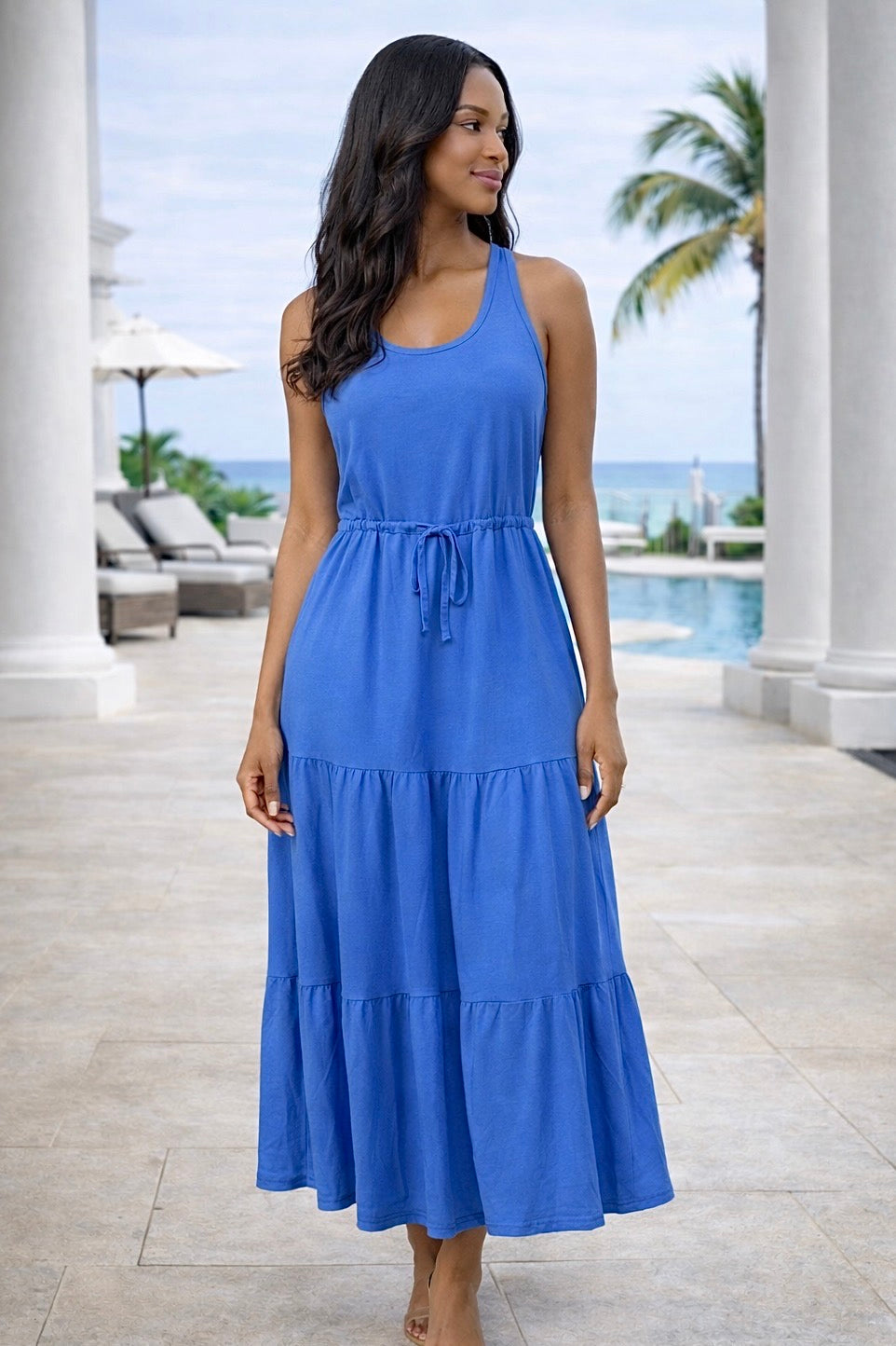 Tribal Aliza Sleeveless Boat Neck Maxi Dress : Sky Blue