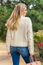 Happiest Days Crochet Sleeve Mock Neck Sweater : Cream