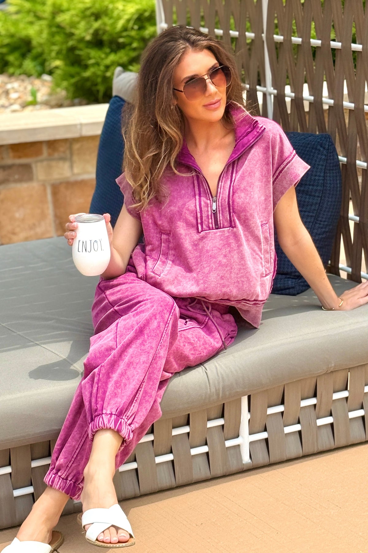 Marlee Zip Front Top W/ elastic Waist Bottoms : Plum
