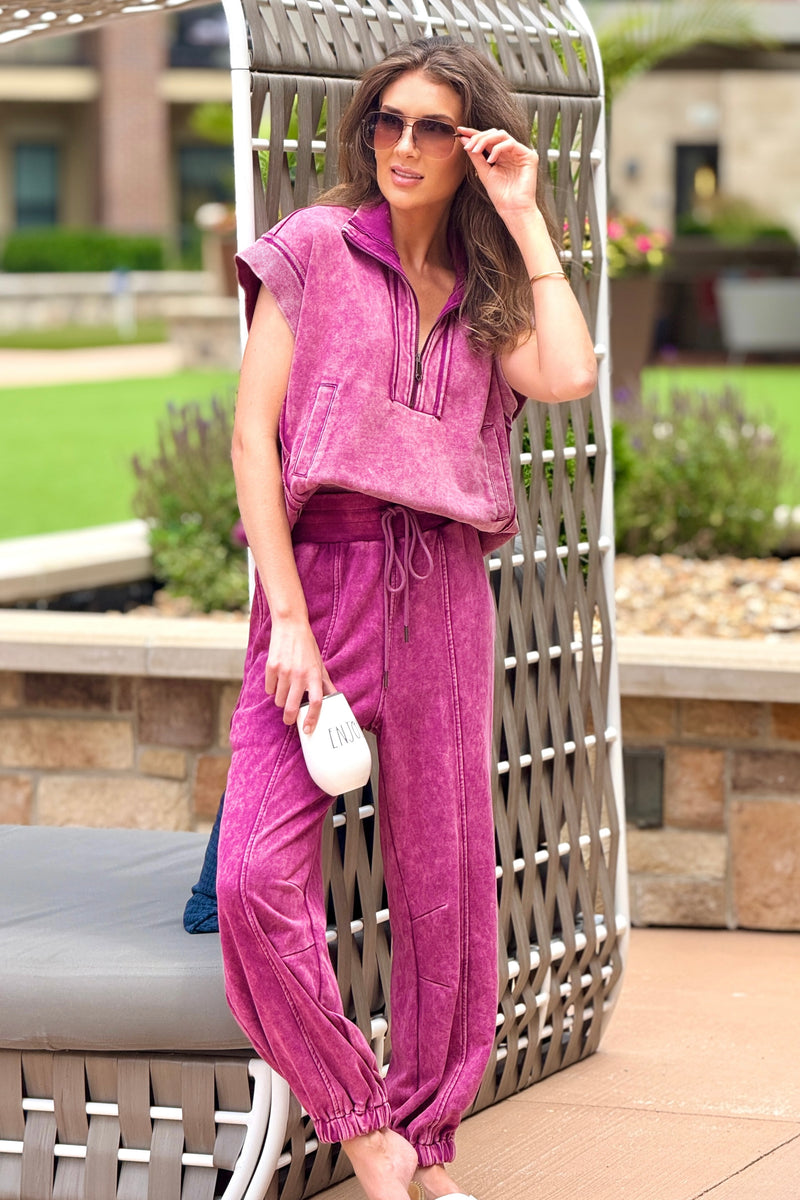Marlee Zip Front Top W/ elastic Waist Bottoms : Plum