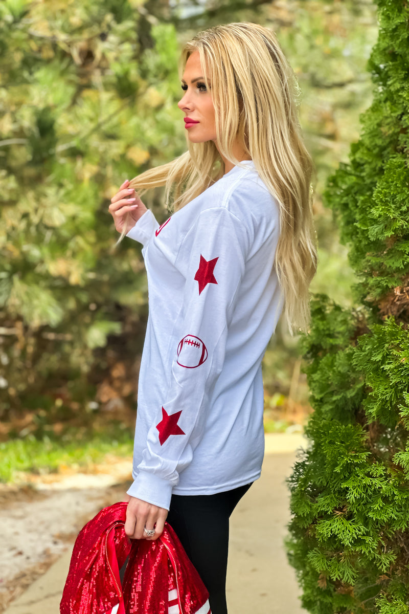 KC Glitter Block Letter Star/Football Sleeve Detail Tee : White/Red