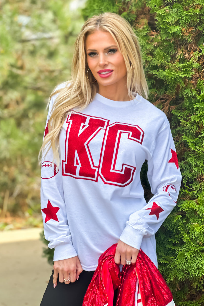 KC Glitter Block Letter Star/Football Sleeve Detail Tee : White/Red