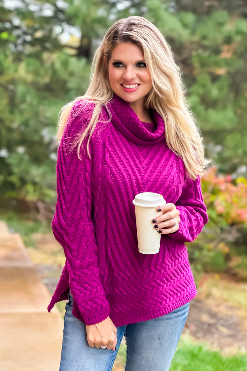 A True Beauty Mixed Cable Knit Turtleneck Sweater : Magenta