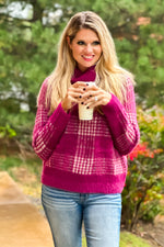 Hold Me Forever Fuzzy Plaid Turtleneck Sweater : Berry