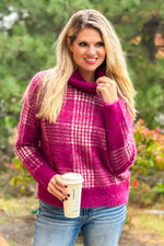 Hold Me Forever Fuzzy Plaid Turtleneck Sweater : Berry