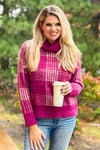 Hold Me Forever Fuzzy Plaid Turtleneck Sweater : Berry