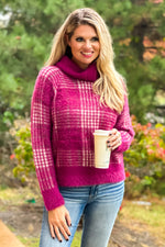 Hold Me Forever Fuzzy Plaid Turtleneck Sweater : Berry