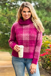 Hold Me Forever Fuzzy Plaid Turtleneck Sweater : Berry