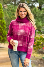 Hold Me Forever Fuzzy Plaid Turtleneck Sweater : Berry