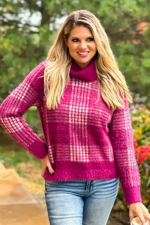 Hold Me Forever Fuzzy Plaid Turtleneck Sweater : Berry