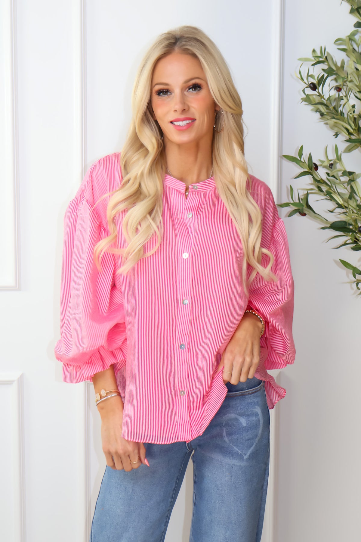 Zaya Pinstripe Bubble Sleeve Blouse : Pink