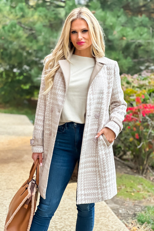 Lead The Way Faux Leather Trimmed Houndstooth Coat : Beige/Cream