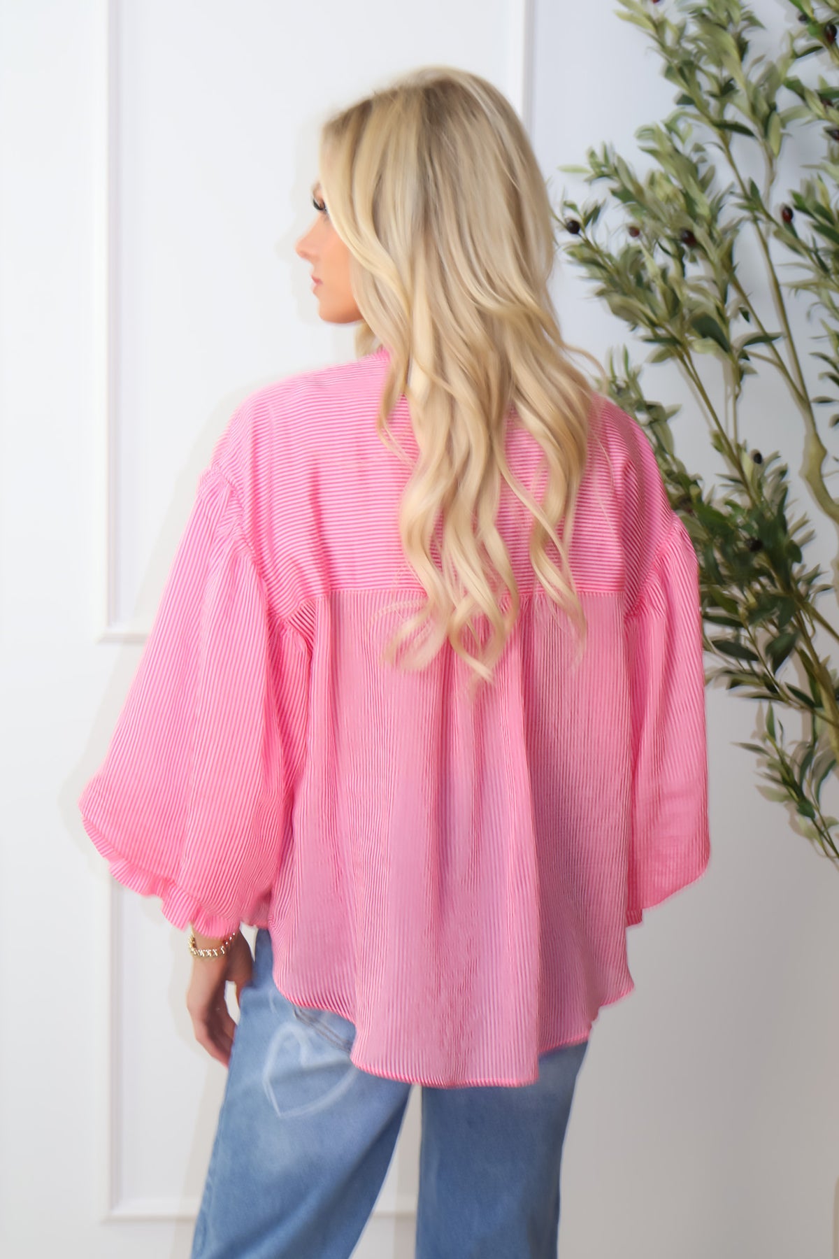Zaya Pinstripe Bubble Sleeve Blouse : Pink