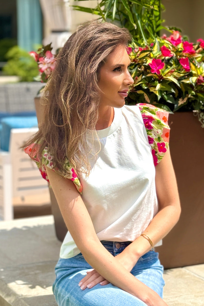 Analeia Flutter Sleeve Top : White