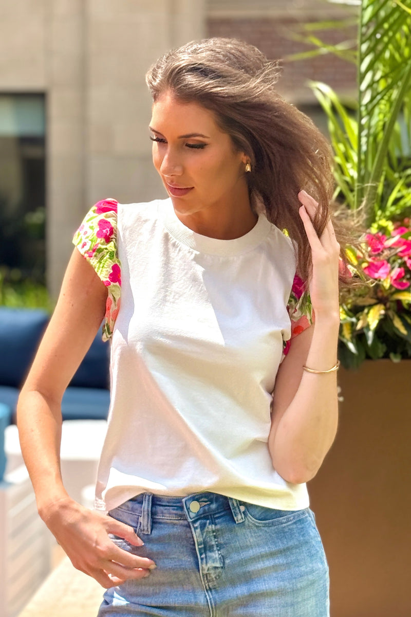 Analeia Flutter Sleeve Top : White