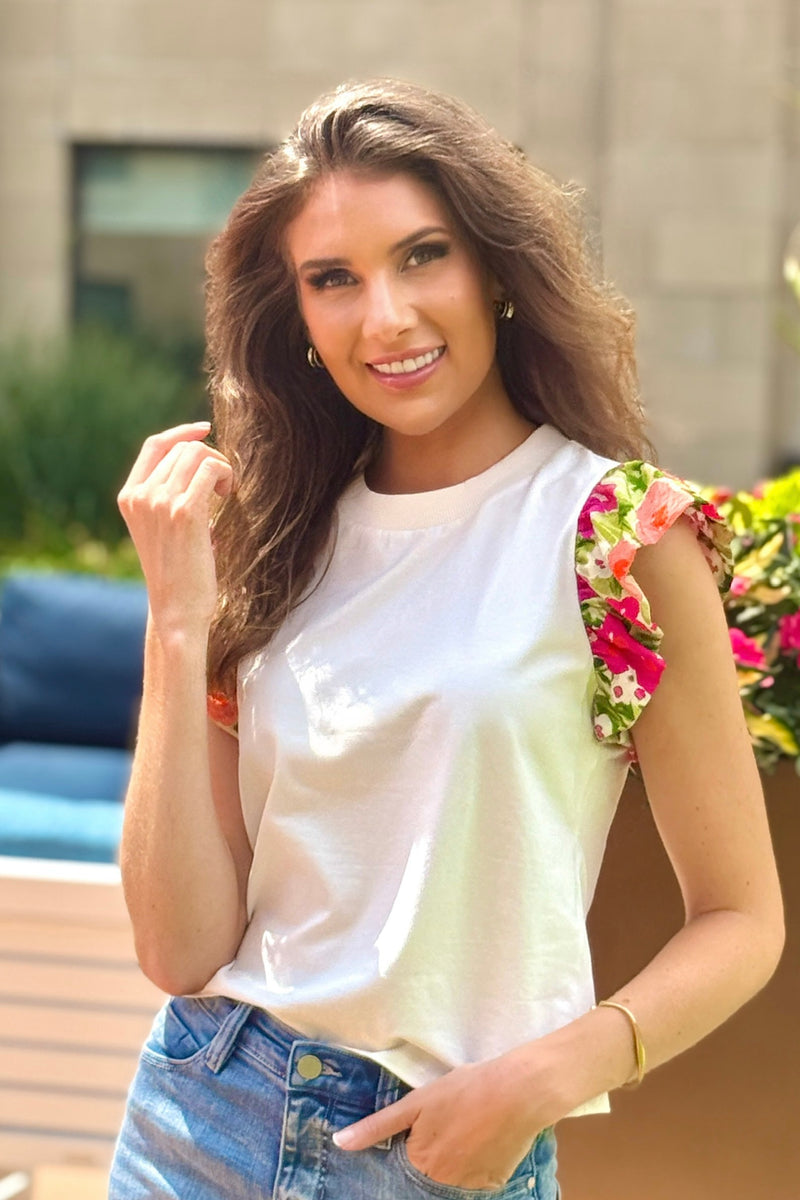 Analeia Flutter Sleeve Top : White