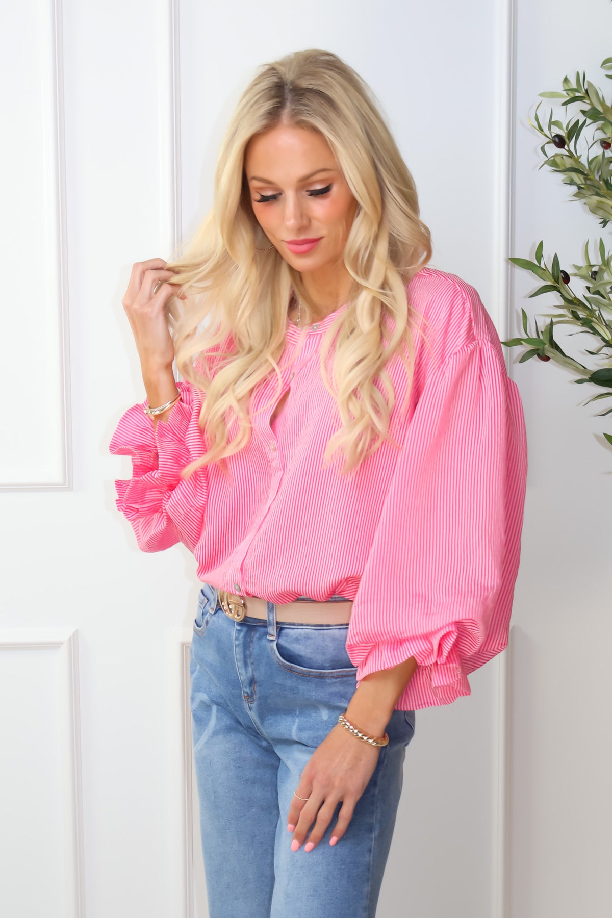 Zaya Pinstripe Bubble Sleeve Blouse : Pink