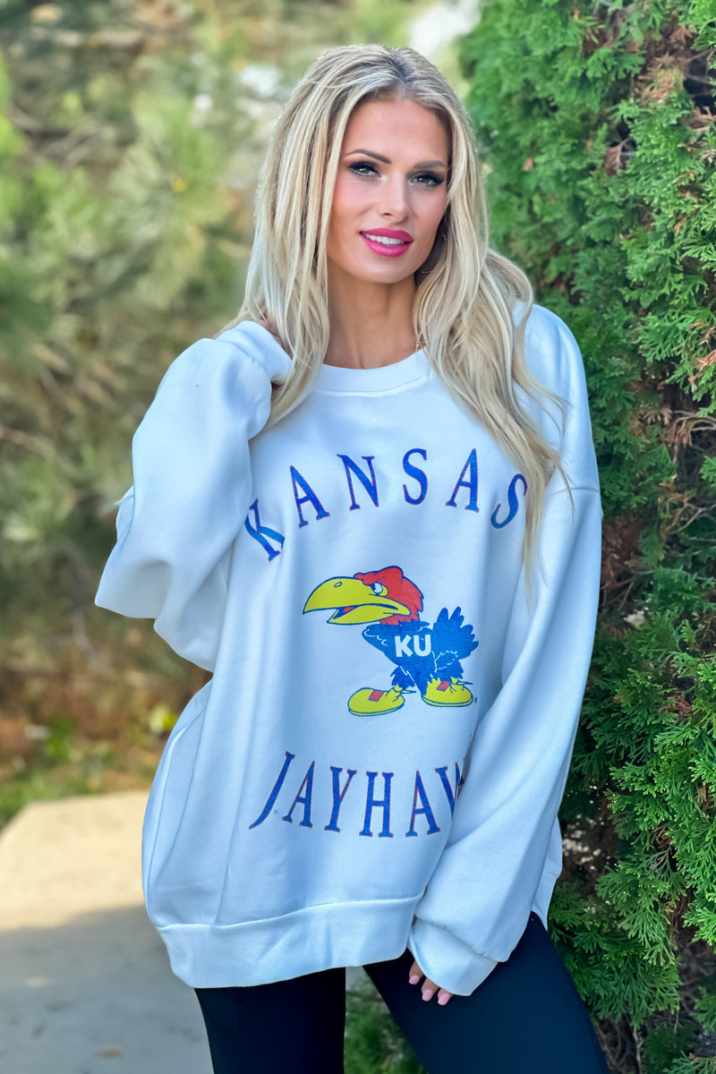 Kansas Jayhawks Play On Oversized Fleece : White/Blue/Red