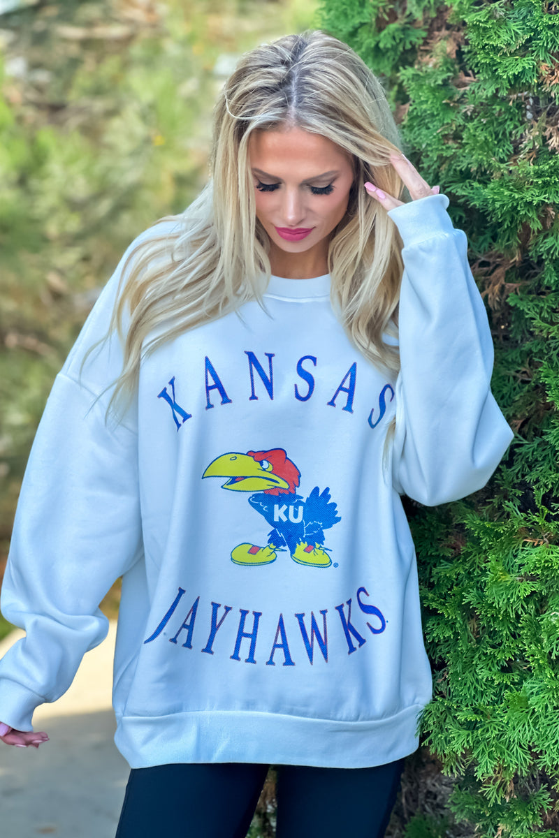 Kansas Jayhawks Play On Oversized Fleece : White/Blue/Red
