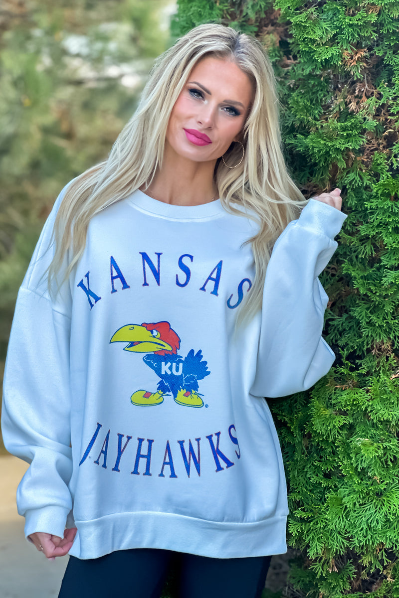 Kansas Jayhawks Play On Oversized Fleece : White/Blue/Red