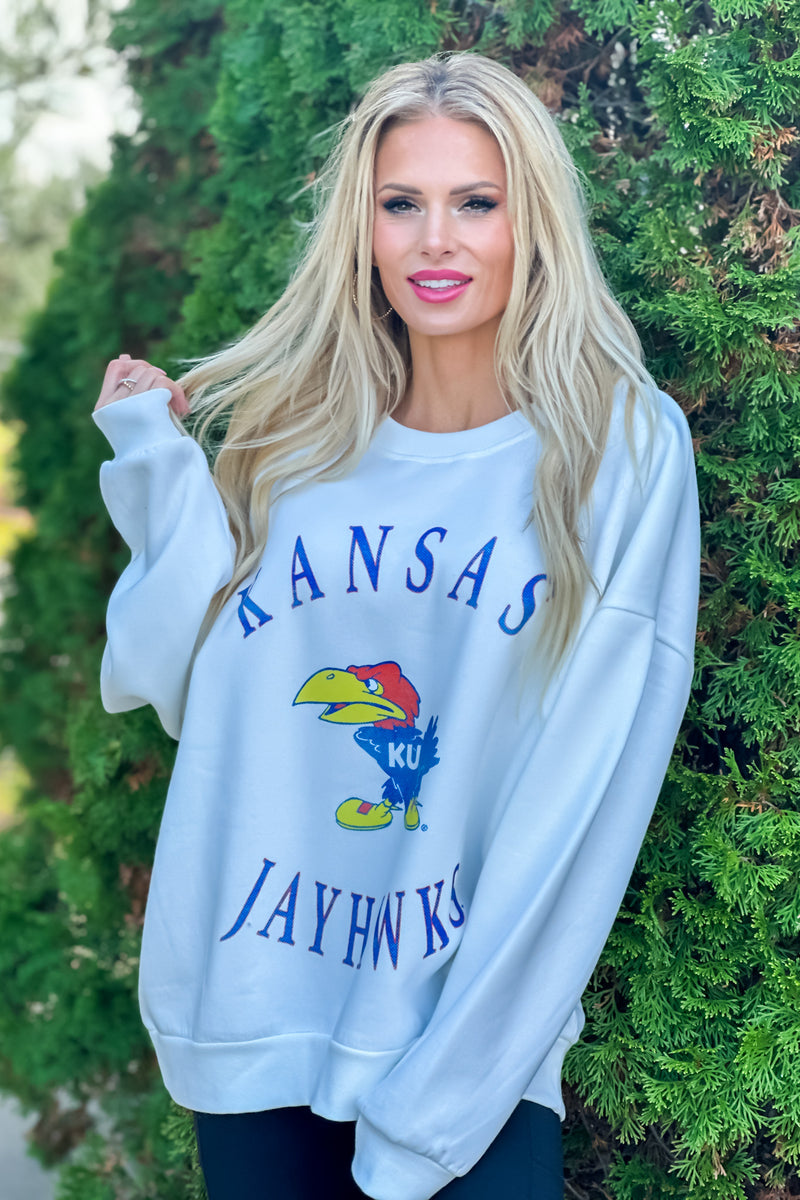 Kansas Jayhawks Play On Oversized Fleece : White/Blue/Red