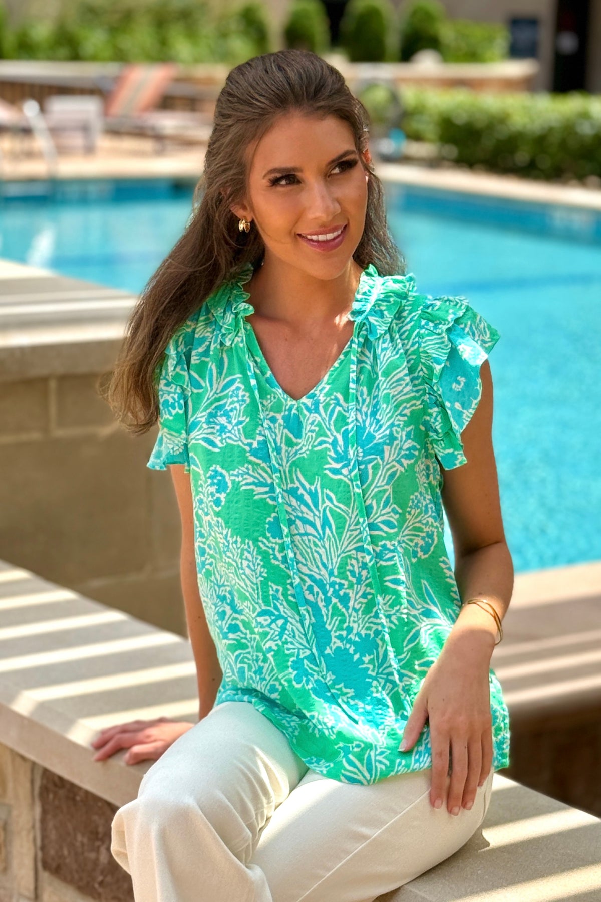 Adhara Flutter Sleeve Ruffle Collar Top : Green