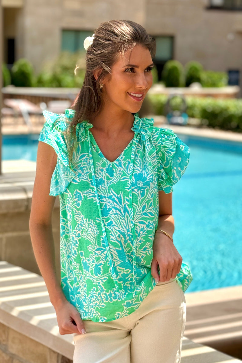 Adhara Flutter Sleeve Ruffle Collar Top : Green