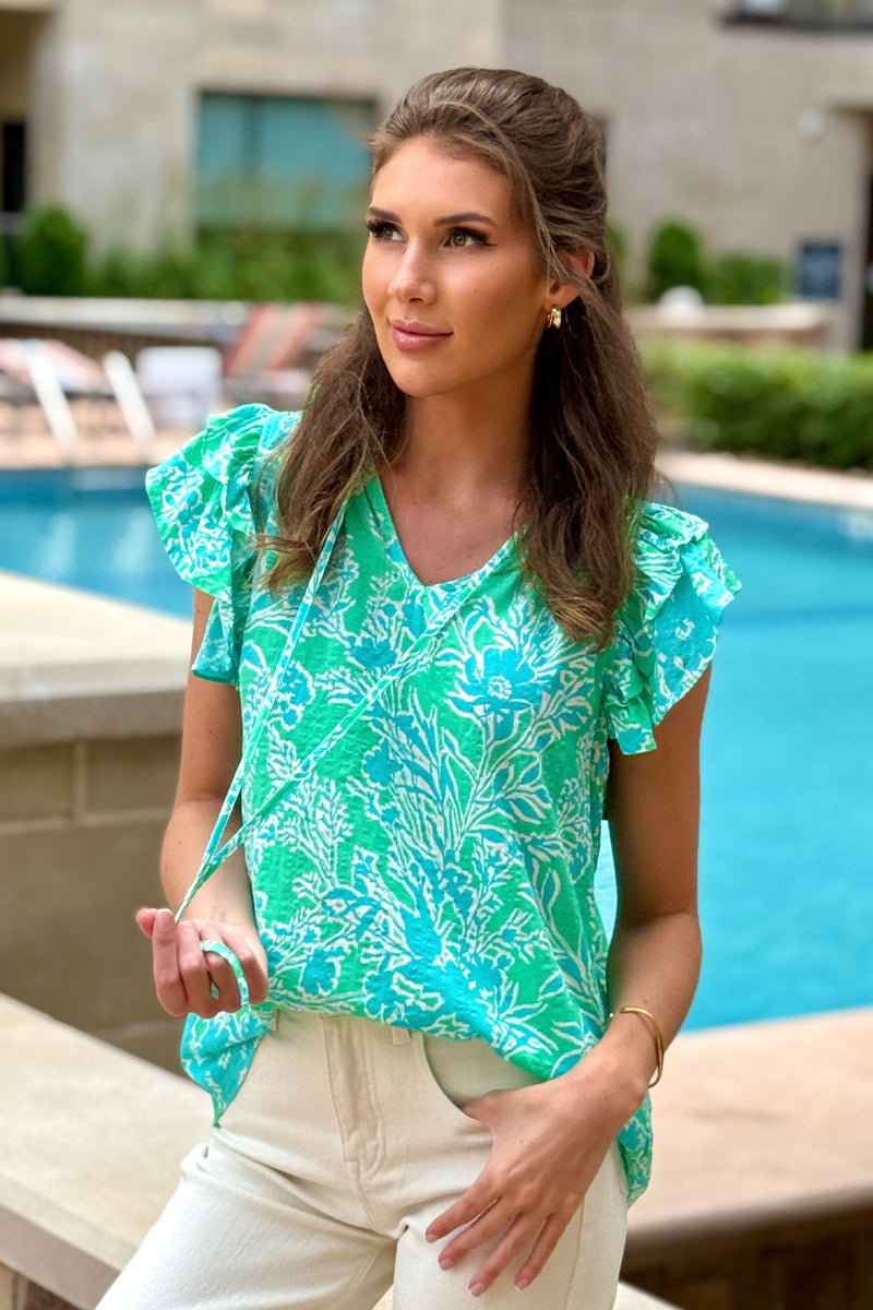 Adhara Flutter Sleeve Ruffle Collar Top : Green