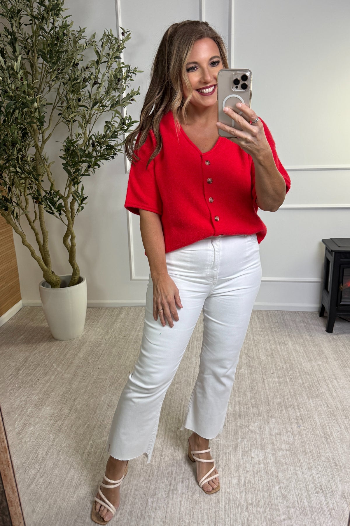 Jolie Soft Button Up Sweater Cardigan : Cherry