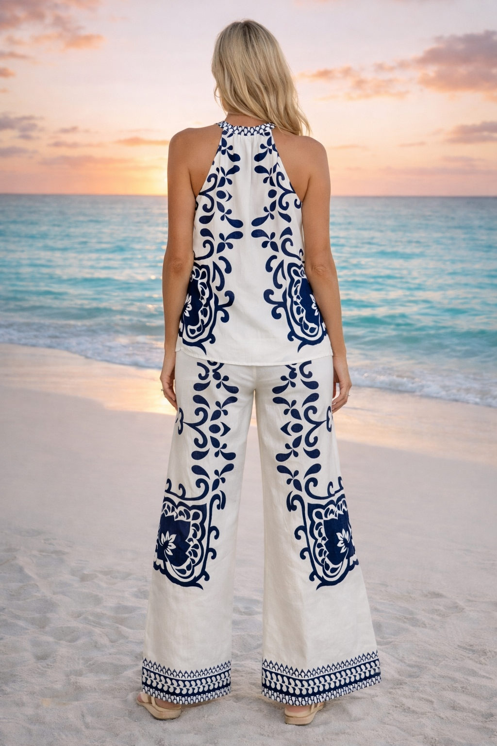 Ariah Border Wide Leg Elastic Waist Pants : Ivory/Navy