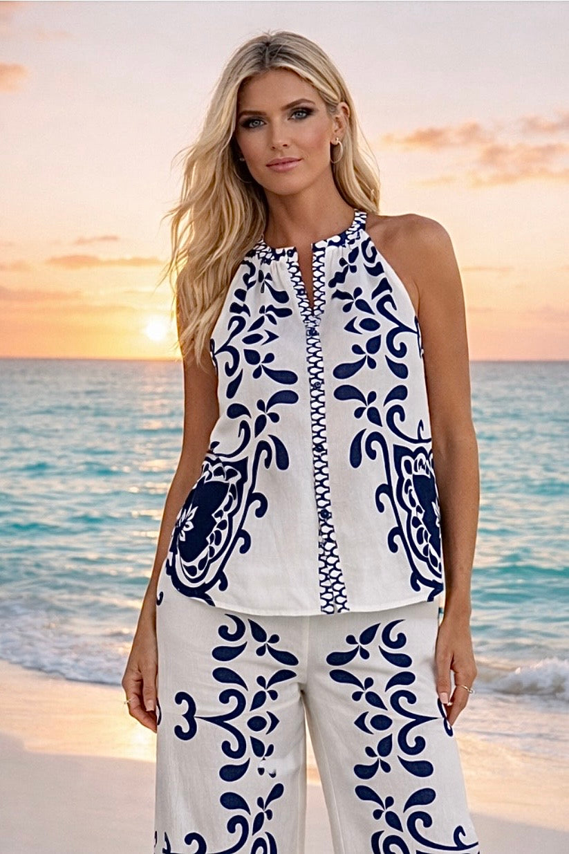 Bianca Border Placket Button Front Top : Ivory/Navy