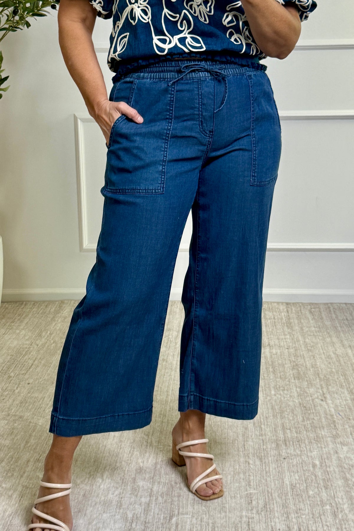 Tribal Esther Wide Crop Joggers : Dark Blue