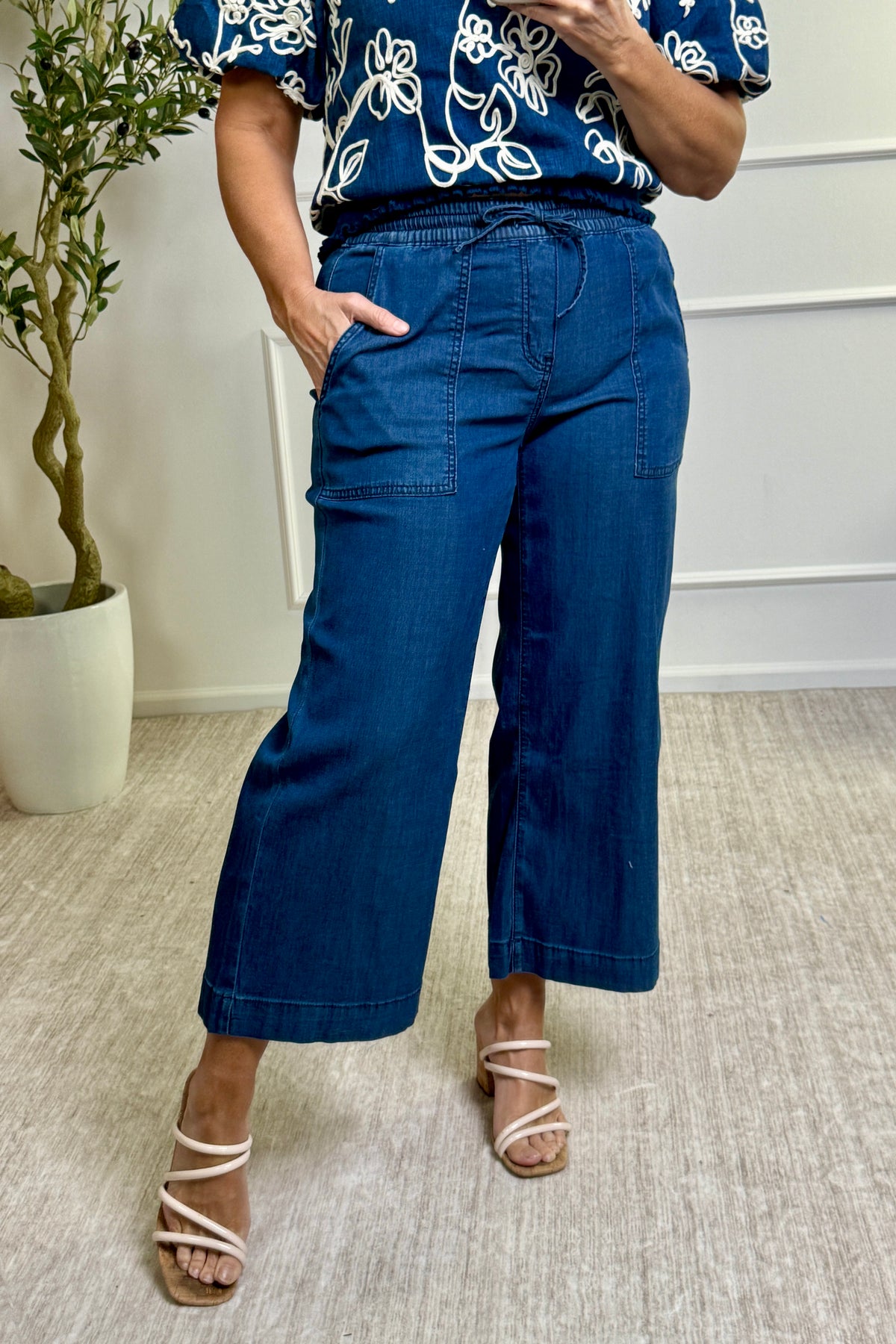 Tribal Esther Wide Crop Joggers : Dark Blue