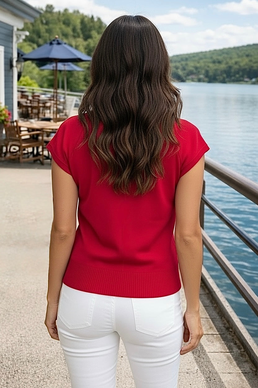 Emma Cap Sleeve V-Neck Top : Red