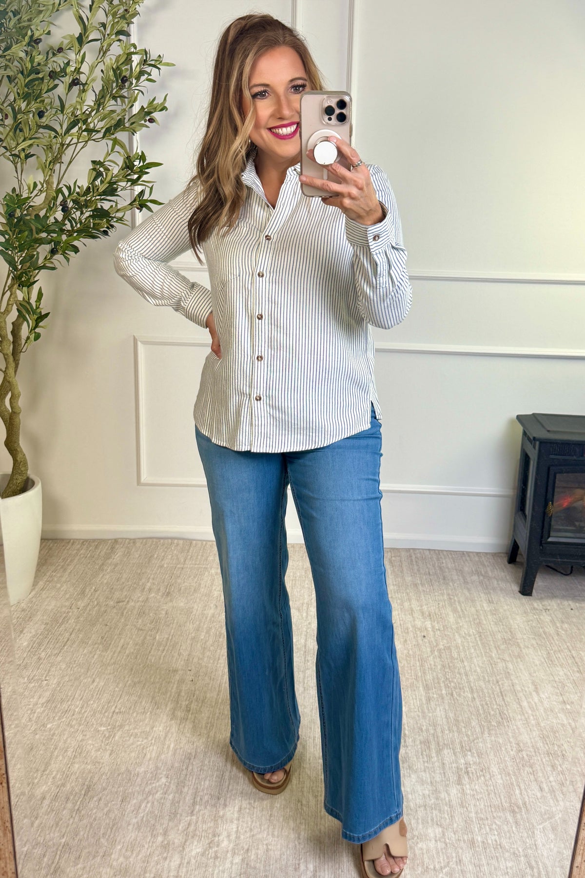 Leslie Pinstripe Long Sleeve Top : Denim