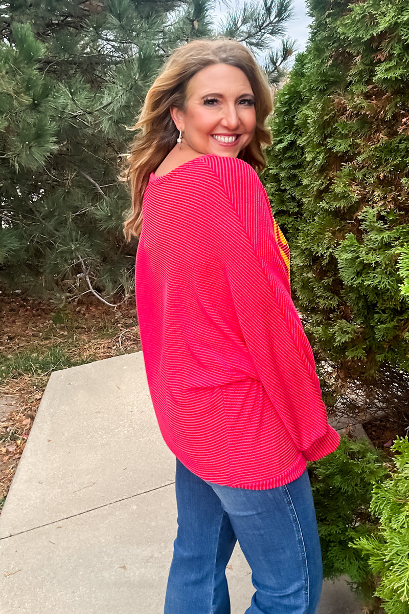 Scroll Kansas City Ribbed Knit Pullover : Red/Yellow