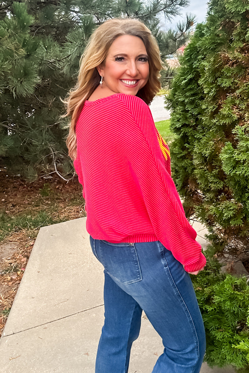 Scroll Kansas City Ribbed Knit Pullover : Red/Yellow