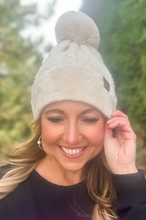 C.C Fur Trim Pom Beanie : Beige